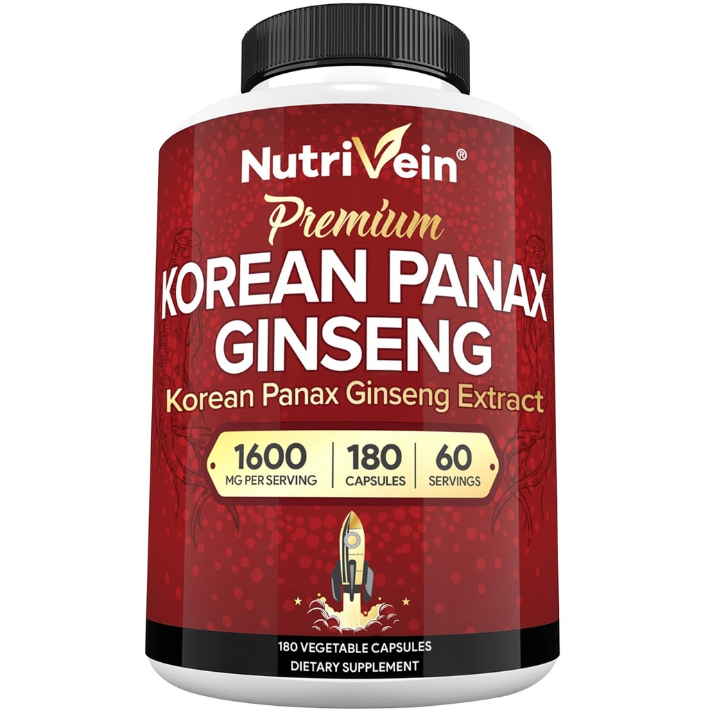 Nutrivein Koreansk rød Panax Ginseng 1600mg - Ekstra styrke Formel - 180 kapsler - Boost Energy, Mental Focus & immunforsvar naturligt