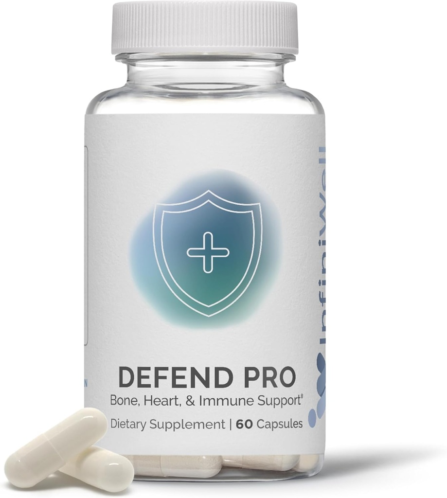 InfiniWell Defend Pro Bone & immun Support Supplement - Vitamin A, D3 & K2 Supplement - Biotilgængelige, aktive næringsstoffer - 250mcg VIT D - Hjælp Knoglenstyrke, hjerte sundhed & mere (60 kapsler)