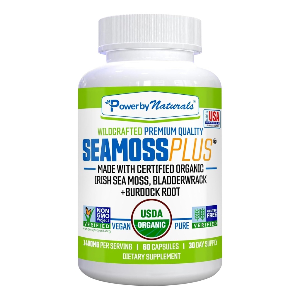 Power By Naturals SeaMoss Plus - USDA Organic Irish Sea Moss Capsules w / Wild Hartered Irish Seamoss, Bladderwrack & Burdock Root Immunity Supplement Sea Moss Pills til voksne 60Ct - 1 pakke