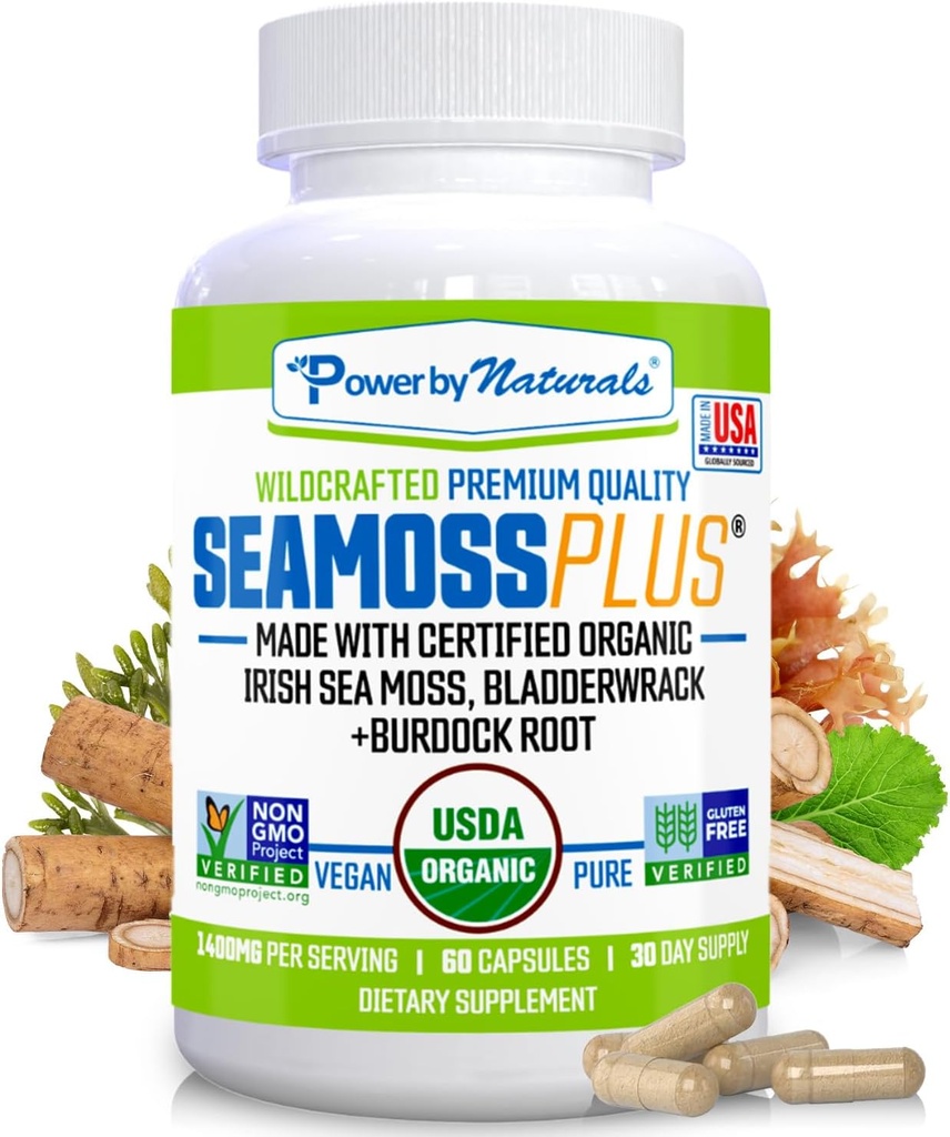 Power By Naturals SeaMoss Plus - USDA Organic Irish Sea Moss Capsules w / Wild Hartered Irish Seamoss, Bladderwrack & Burdock Root Immunity Supplement Sea Moss Pills til voksne 60Ct - 1 pakke