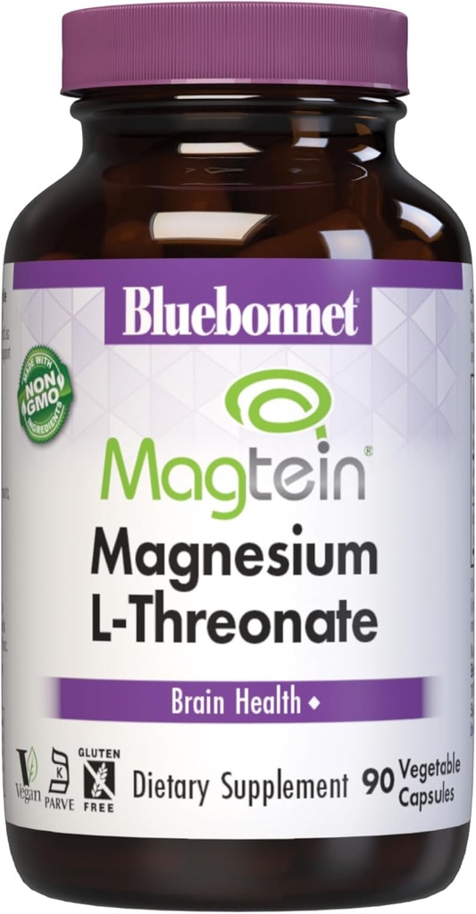 Bluebonnet Nutrition Magtein Magnesium L- Threonat, Brain Health *, Non- GMO, Vegan, Kosher Certified, Gluten- Free, Soy- Free, 90 Vegetabilske kapsler, 30 Servere