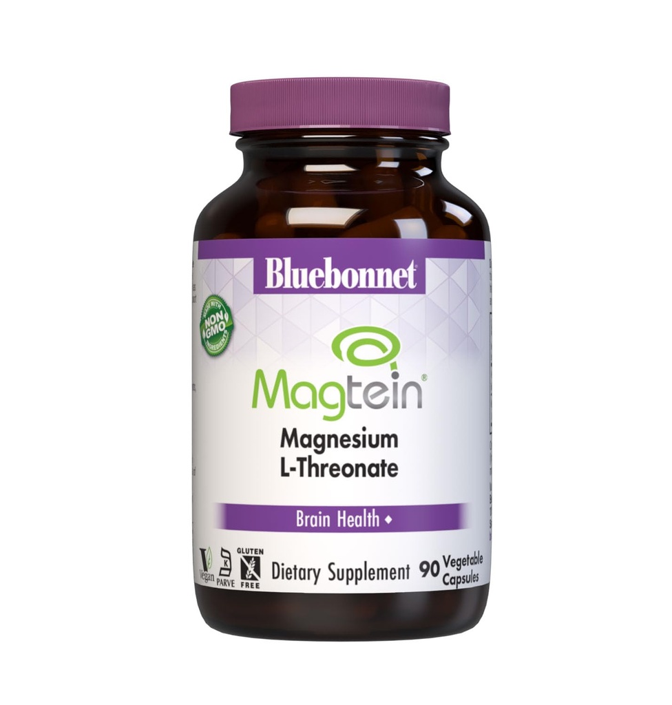 Bluebonnet Nutrition Magtein Magnesium L- Threonat, Brain Health *, Non- GMO, Vegan, Kosher Certified, Gluten- Free, Soy- Free, 90 Vegetabilske kapsler, 30 Servere