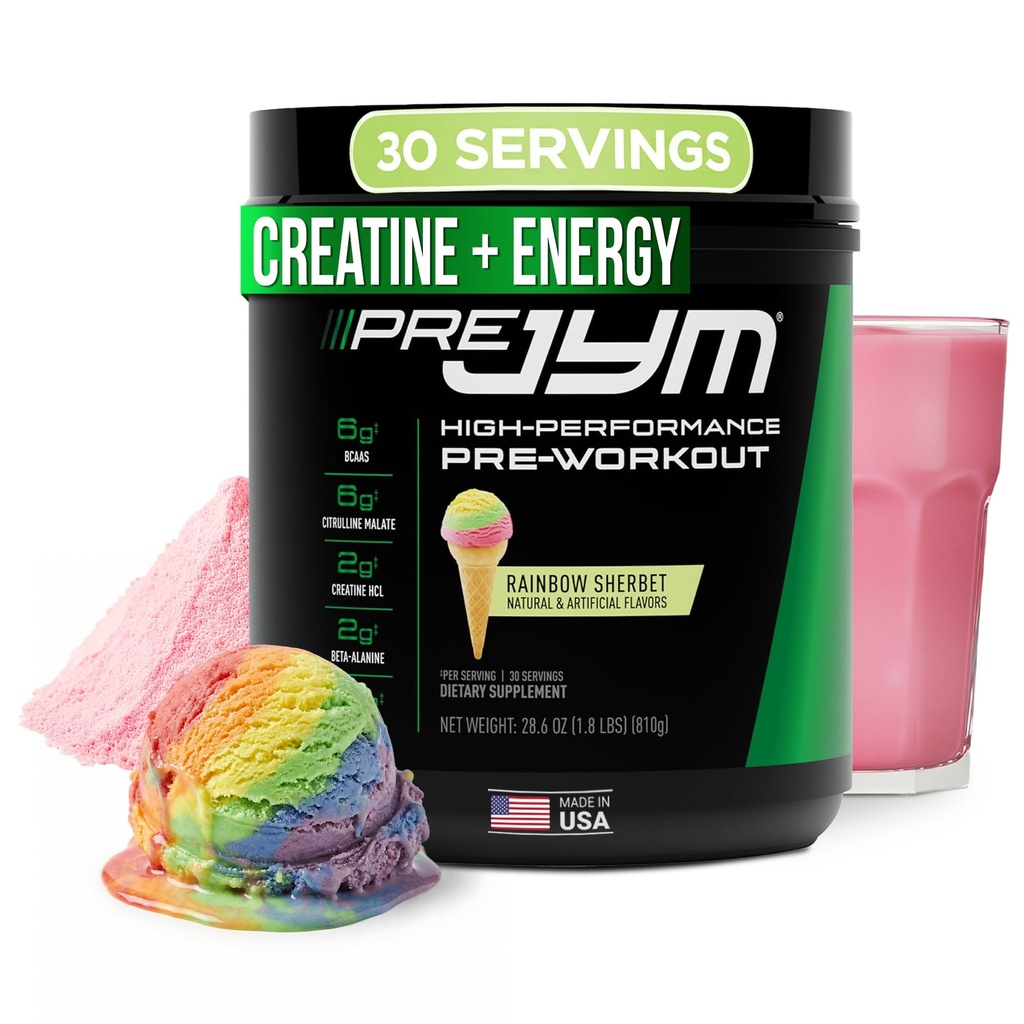 JYM Supplement Science Pre JYM Rainbow Sherbet Pre Workout Powder for Mænd & Kvinder, BCAA, Nootropics, Creatin HCI, Citrullin, Beta- Alanine, Betaine, Taurine, Huperzine, 30 Servere