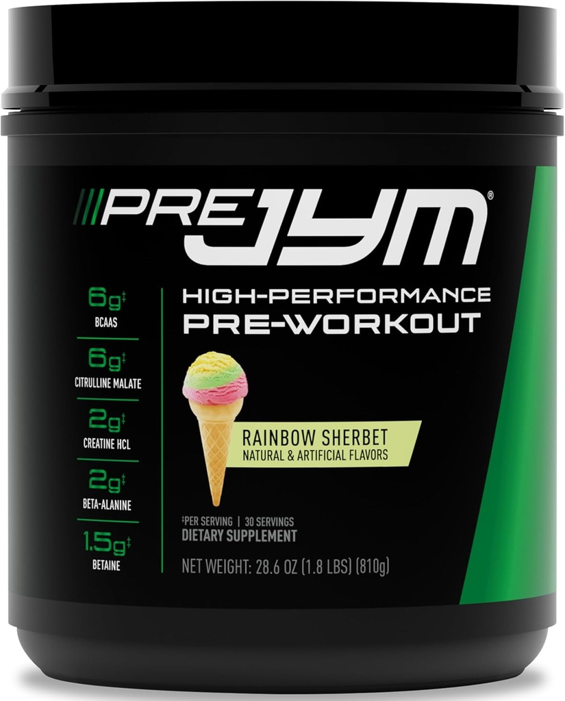 JYM Supplement Science Pre JYM Rainbow Sherbet Pre Workout Powder for Mænd & Kvinder, BCAA, Nootropics, Creatin HCI, Citrullin, Beta- Alanine, Betaine, Taurine, Huperzine, 30 Servere