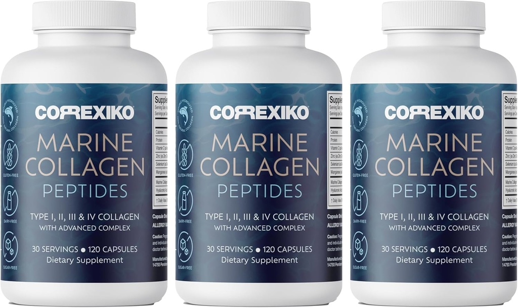 CORREXIKO Marine Collagen supplement piller - 1800 mg hydrolyseret collagen peptider per servering med tilsat hyaluronsyre, C-vitamin & mineraler - for hår, hud og negle - 360 kapsler 3 måneder forsyning