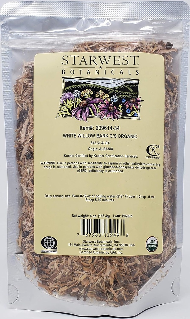 Starwest Botanicals Organic White Willow Bark Cut & Sigtet, 4 Ounces