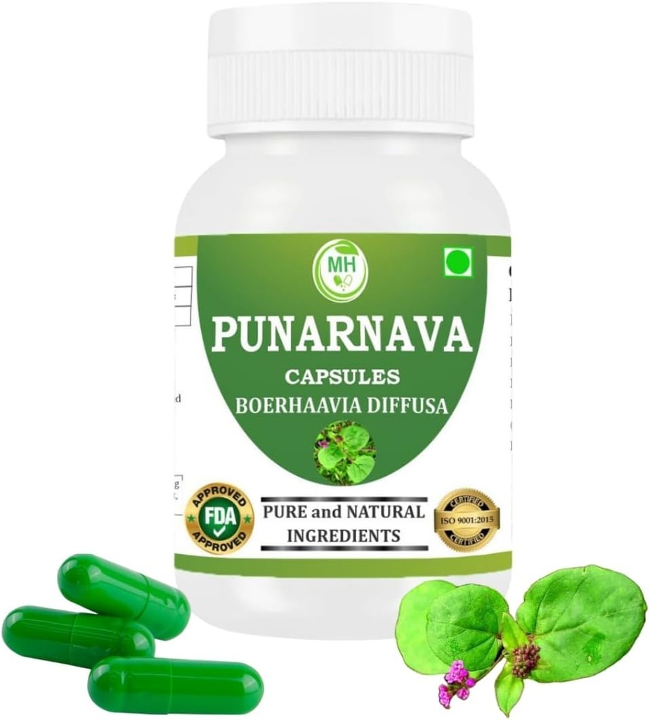 Punarnava Capsules (Boerhaavia Diffusa) 500mg - 60 Veg Capsules Б124; Urtewellness Supplement for Natural Nyre & Liver Support Detox & Cleansing Formel 124; Pakning med 1