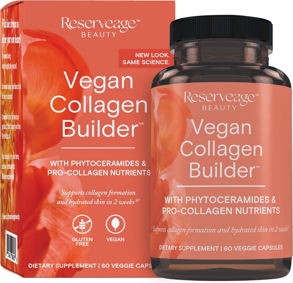 Reserveage Beauty Vegan Collagen Builder - Plantbaserede Collagen Booster til glødende hud - C-vitamin supplement til hydreret hud - Gluten Free - 60 Veggie kapsler (30 Servere)