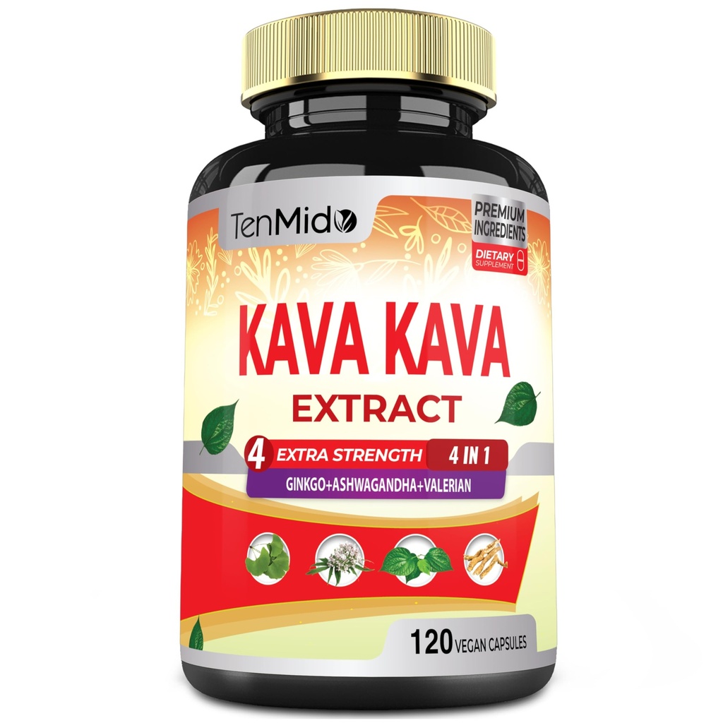 Kava Kava Supplement Uddrag Kapsler, 4 Måneder Tilgang med Ginkgo, Ashwagandha, Valerian - Afslapning Support - 120 Veganske Kapsler
