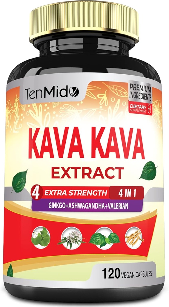 Kava Kava Supplement Uddrag Kapsler, 4 Måneder Tilgang med Ginkgo, Ashwagandha, Valerian - Afslapning Support - 120 Veganske Kapsler