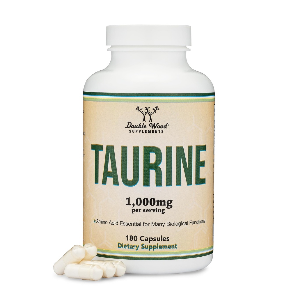 Taurin Supplement 1000mg per servering, 180 kapsler - Aminosyre Studerede at støtte en længere, sundere liv (Taurina) Vegan Safe, Gluten Free, Non- GMO af Dobbelt Træ