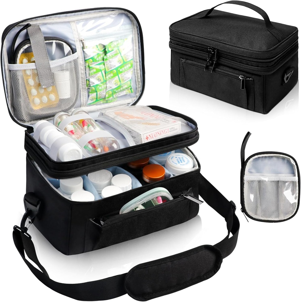 Medicine Bag til Rejser med Bærbar Lille Pouch, Dobbelt Layer Pill Flaske Organizer Opbevaring Case med Lockable Zippers, bæremedicin Rejse sag med skulderrem (BAG KUN) Sort