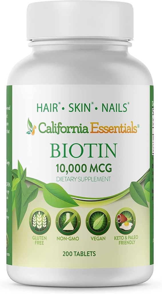 California Essentials Biotin 10000mcg- 124; vitamin B7 fremmer sund hud, hår & neglevækst 124; høj potens Kosttilskud til mænd og kvinder 124; Non- GMO, Vegan, Gluten & Dairy Free (200 tabletter)