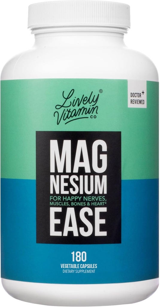 Lively Vitamin Co. Magnesium Ease - Chelated - Meget biotilgængelig - Spænding - Stress - Nerves - Immunfunktion - RLS - Gluten Dairy Soy Free - Non-GMO - 180 Vegankapsler