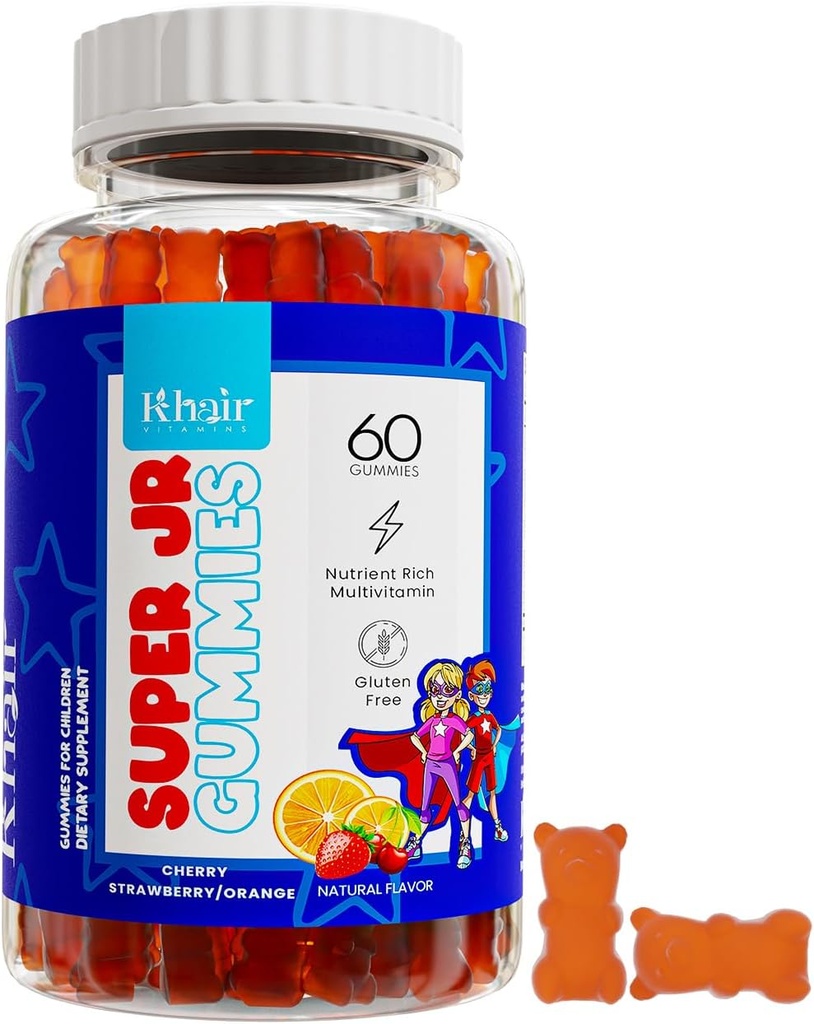 Khair Halal Kids Multivitaminer - Vegetar, Non- GMO, Gluten Free, Gelatine Free - Essentielle vitaminer til børn: Vitamin A C E D B12 & Vitamin B6- 60 Gummies