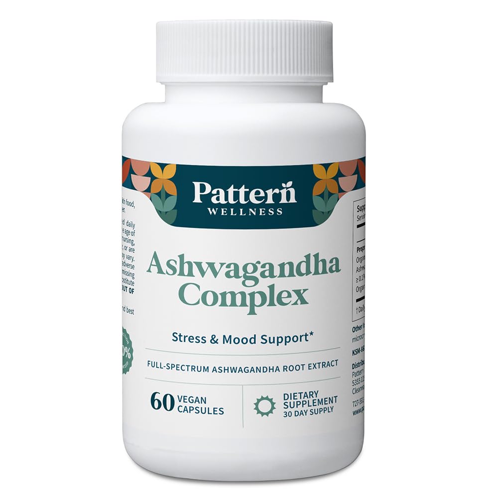 Mønster Wellness Ashwagandha Kompleks til mænd og kvinder - KSM- 66 & Black Pepper Extract - Hele kroppen & hjerte sundhed - understøtter stress & mad - ikke-GMO - 60 Veganske kapsler