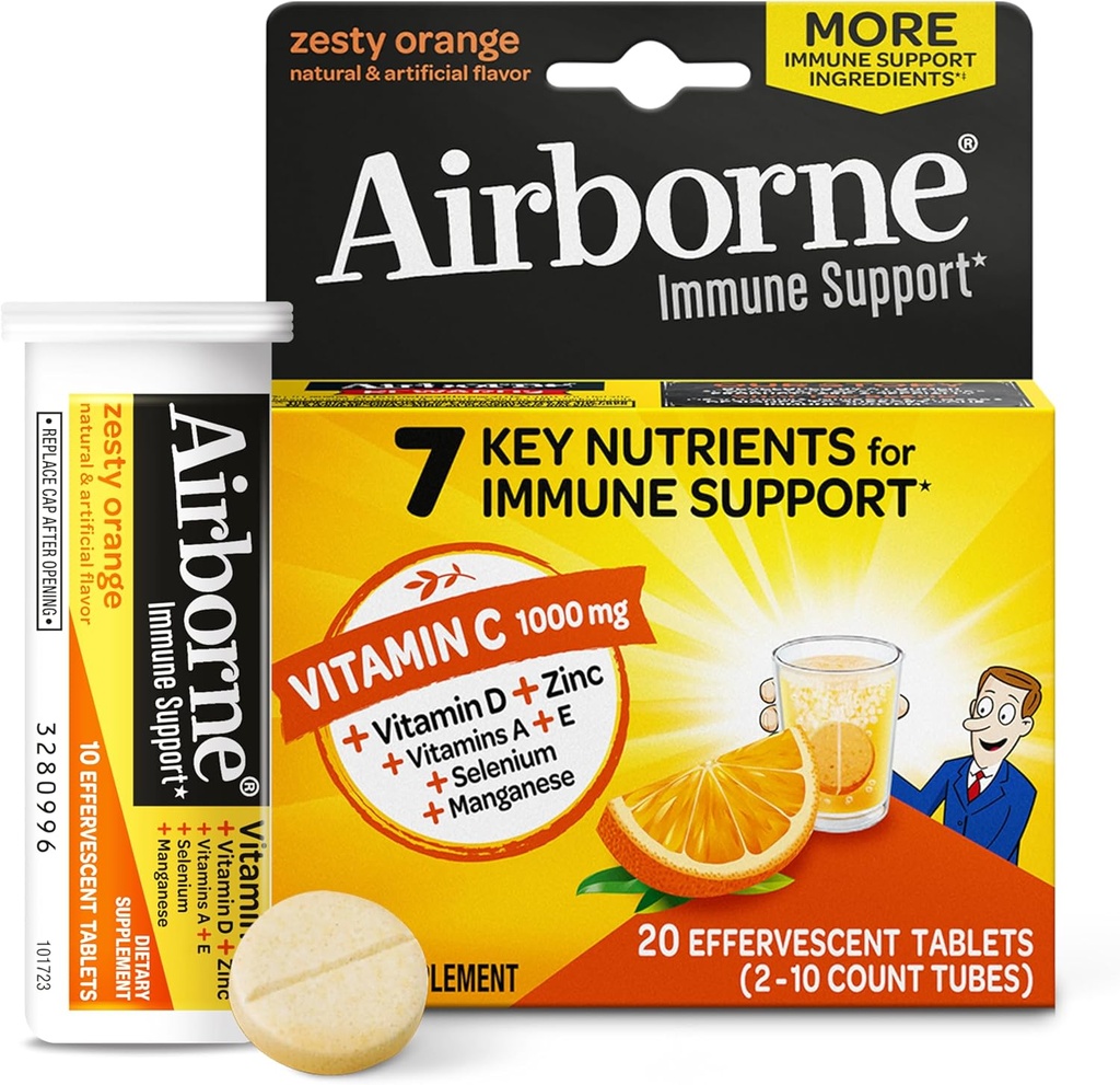 Airborne 1000mg C-vitamin med Zink Effervescent tabletter, immunforsvar supplement med kraftige antioxidanter Vitaminer A C & E - 20 Fizzy drikke tabletter, Zeress Orange Flavor