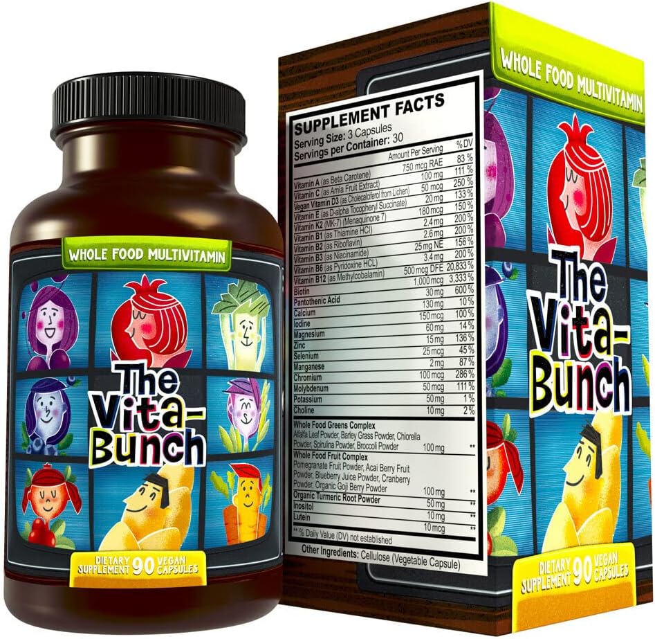 Hel mad Multivitamin Frugt & Super Green All- in- one Vitamin Complex, 90 Veganske kapsler - Daglig Vitamin til kvinder og mænd - Jern, zink, B12, vitamin A, D3 og mere