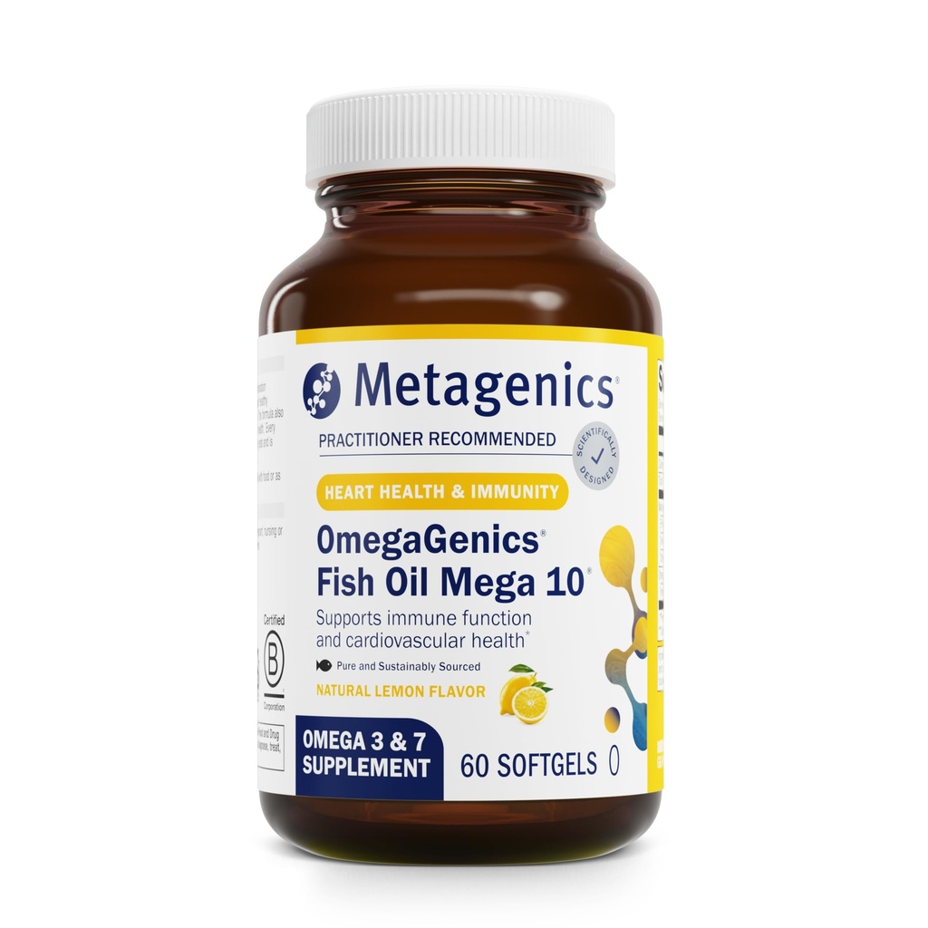 Metagenics OmegaGenics Mega 10 Omega Supplement- with Omega- 7, 330 mg EPA & 170 mg DHA for Heart Health * - Vedvarende syret & Ingen Fishy Eftersmag - Ikke-GMO & Gluten- Free - 60 Softgels