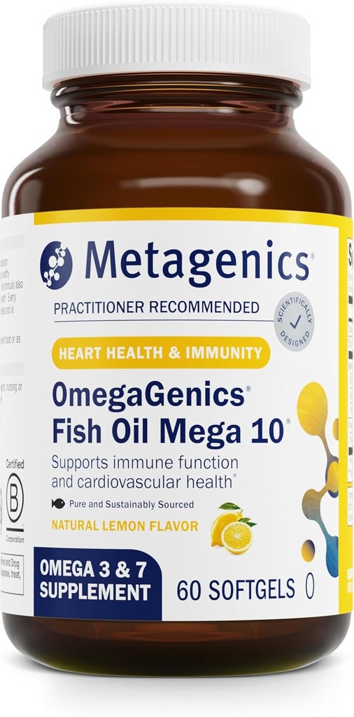 Metagenics OmegaGenics Mega 10 Omega Supplement- with Omega-7, 330 mg EPA & 170 mg DHA for Heart Health*- Sustainably Sourced & No Fishy Aftertaste - Non-GMO & Gluten-Free - 60 Softgels