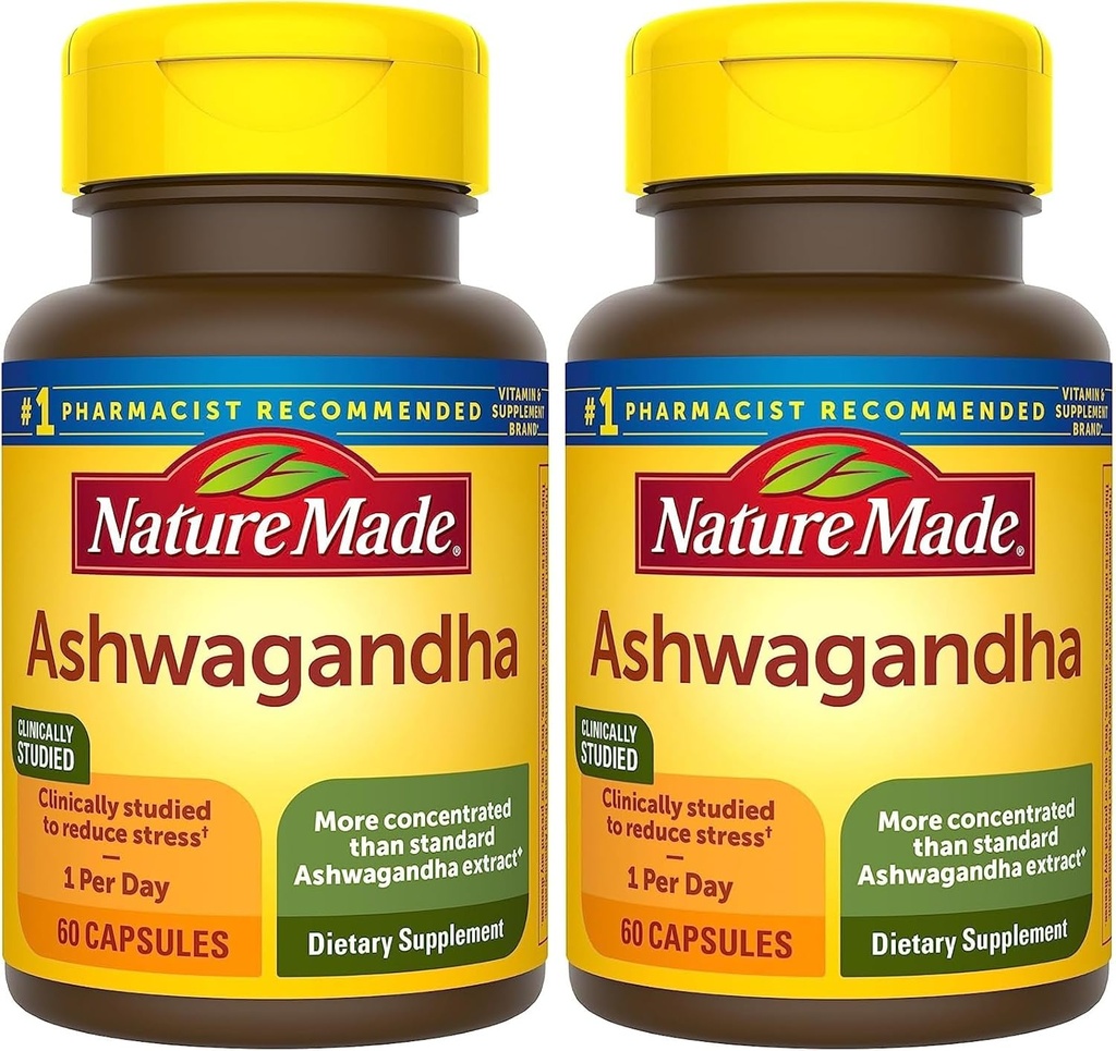 Nature Made Ashwagandha Kapsler 125mg til Stress Support, 60 Kapsler, 60 Day Supply (pakke med 2)