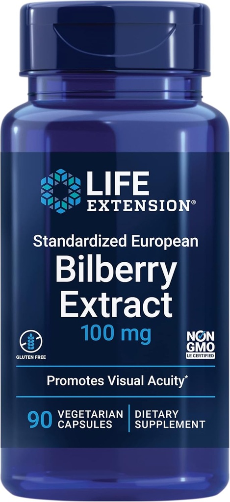 Life Extension Standardized European Bilberry Extract, 100 mg, MirtoSelect ® Vaccinium myrtillus, Eye Health, Circulation, Smøremiddel, Glutenfri, Non- GMO, Vegetar, 90 Kapsler
