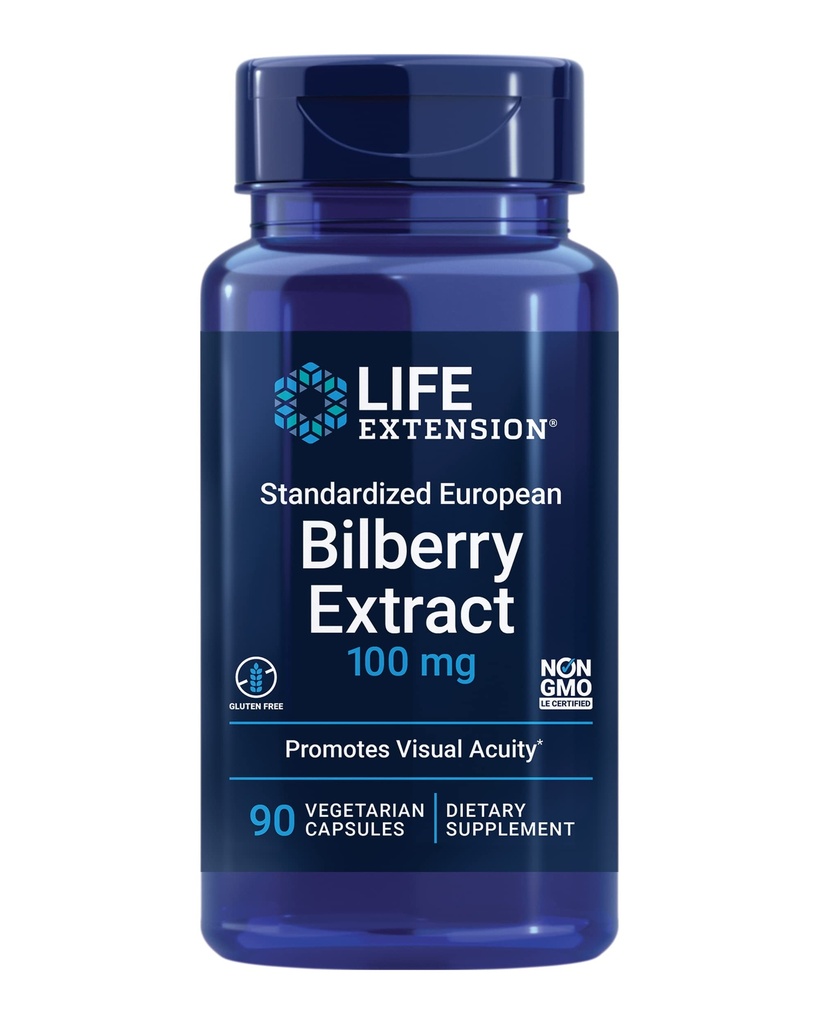 Life Extension Standardized European Bilberry Extract, 100 mg, MirtoSelect ® Vaccinium myrtillus, Eye Health, Circulation, Smøremiddel, Glutenfri, Non- GMO, Vegetar, 90 Kapsler
