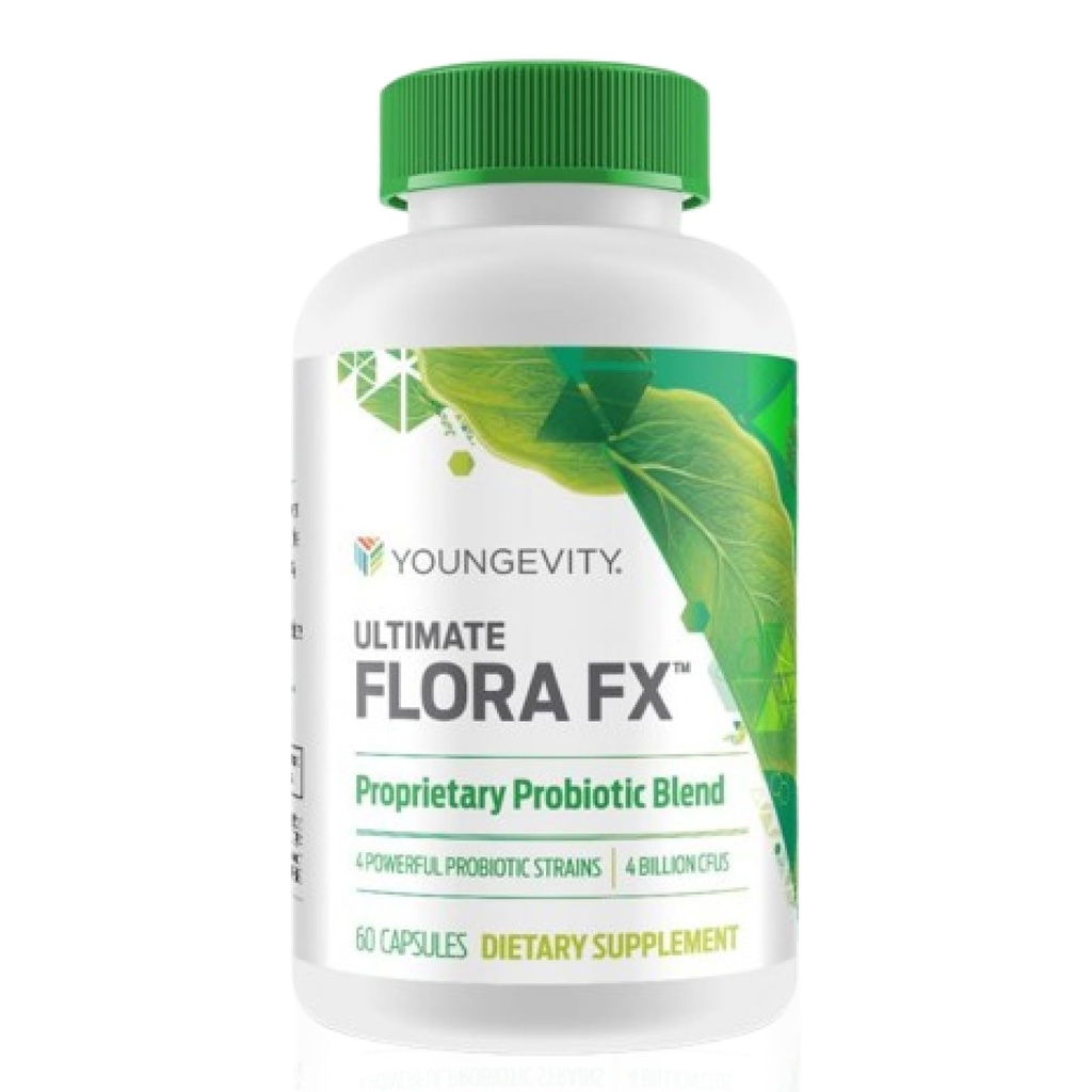 Youngevity Ultimate Flora FX ™ - Prebiotic and Probiotic Supplement - Understøtter fordøjelsessygdomme og Gut Microbiome - 4 milliarder CFU - Glucono Delta Lactone - 60 vegetariske kapsler