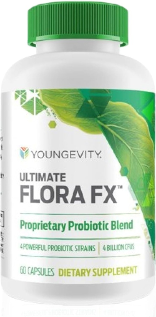 Youngevity Ultimate Flora FX ™ - Prebiotic and Probiotic Supplement - Understøtter fordøjelsessygdomme og Gut Microbiome - 4 milliarder CFU - Glucono Delta Lactone - 60 vegetariske kapsler