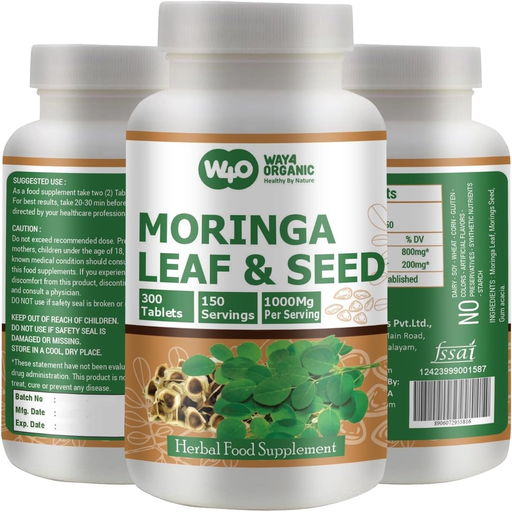 Moringa Oleifera Leaf og Seed Powder (80: 20) Ratio 300 piller (tabletter), 150 Servere, 1000 mg. Ikke belagt Malunggay Herbal supplement, ingen kemisk coating, Green Superfood. Pakning á 1.