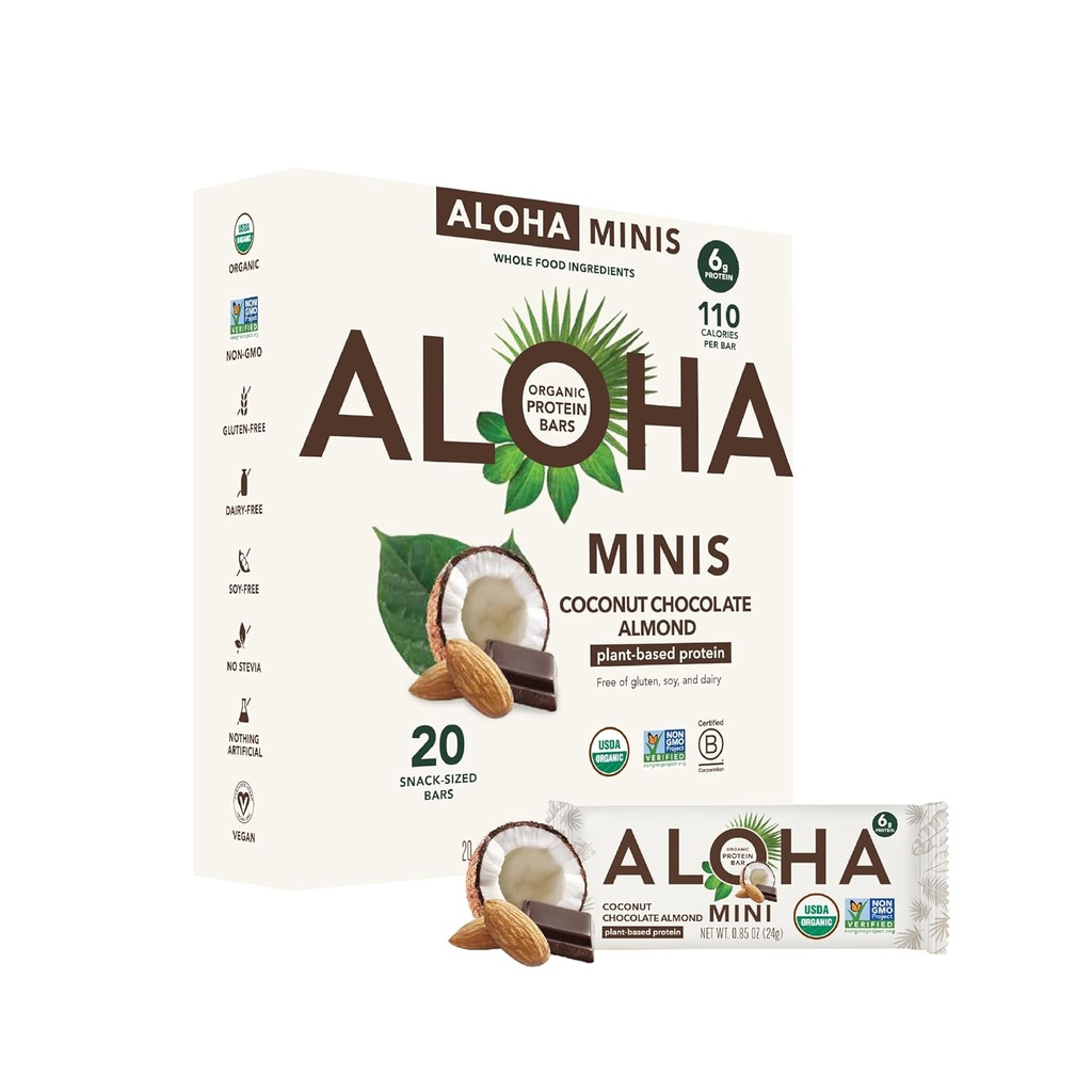 ALOHA Organic Plant Based Protein Bar Mineo 124; Coconut Chocolate Almond Munica 124; 20 Greve, 24g Bars Munika 124; Vegan, Lavsukker, Gluten Free, Paleo, Lavcarb, Non- GMO, Stevia Free, Soy Free, No Sugar Alcohols