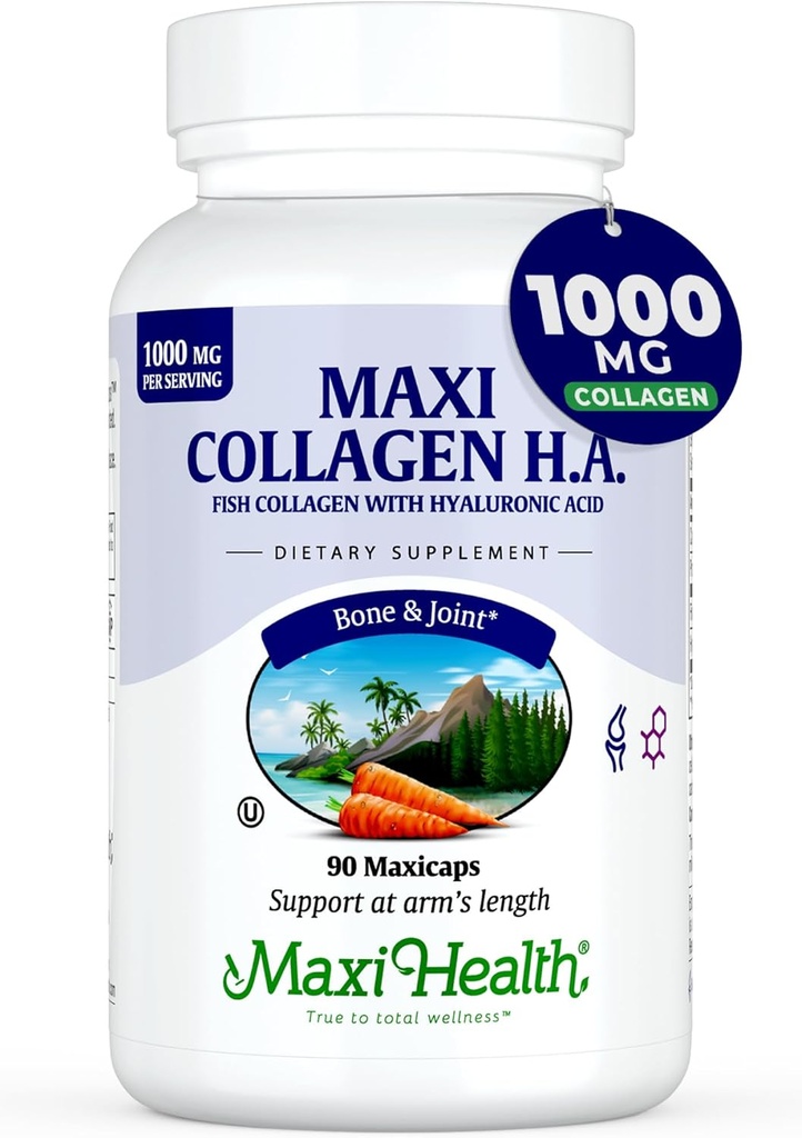 Maxi Health Marine Collagen Pills - 1000 mg Type 1 Collagen til kvinder og mænd med Hyaluronsyre supplement til fælles & hudstøtte - Ren Kosher kapsler (90 Maxicaps)