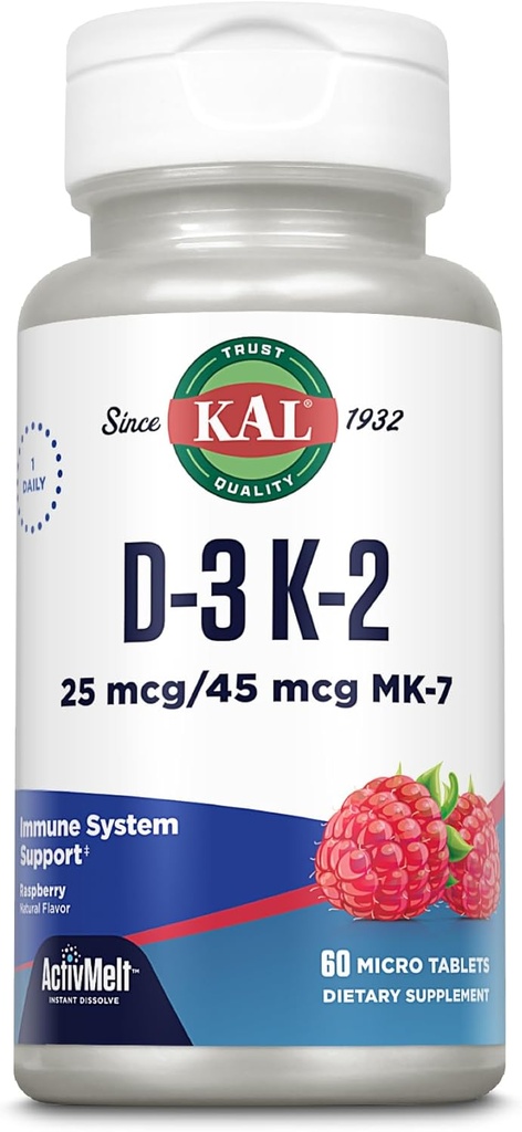 KAL Vitamin D3 K2 ActivMelt, ben sundhed, hjerte og immunforsvar Support w / D3 1000 IE og MK7 Vitamin K2, Øjeblikkelig Opløs tabletter, Natural Raspberry Flavor, 60 Servering, 60 Micro Tablets