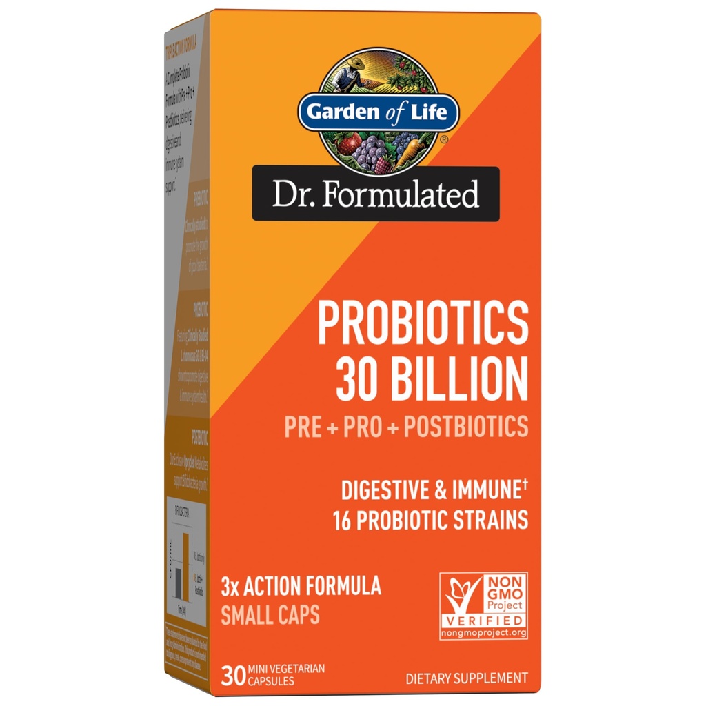 Livets have Dr. Formuleret Probiotika 30 Millioner CFU Pre + Pro + Postbiotika til mænd og kvinder fordøjelse og immunforsvar, Kartoffel, Acacia, Postbiotiske Metabolitter, 30 Mini Vegetariske Kapsler