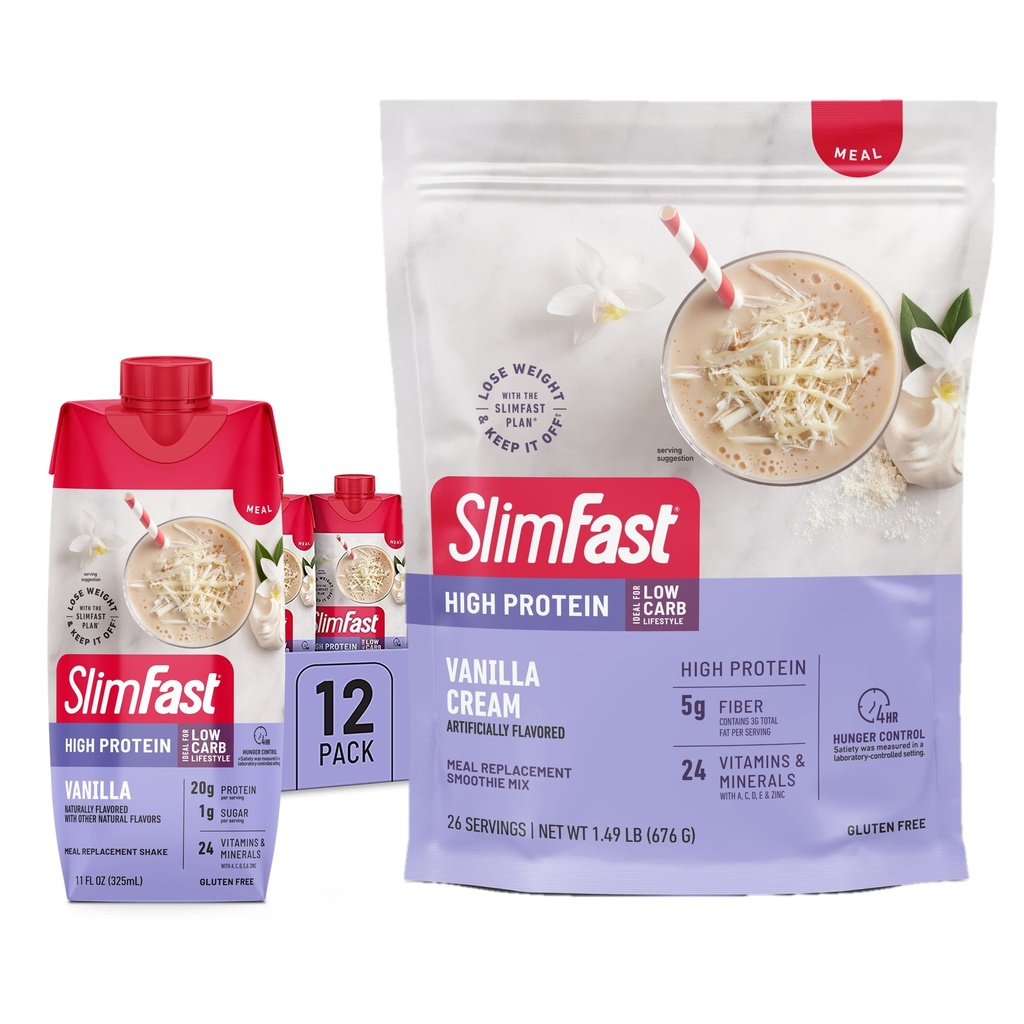 SlimFast High Protein Vanilla Bund- 12 Greve af Vanilla High Protein Meal Erstatning Shakes (20g Protein) med 26 Serveringer af Vanilla High Protein Powder Mix (20g Protein)