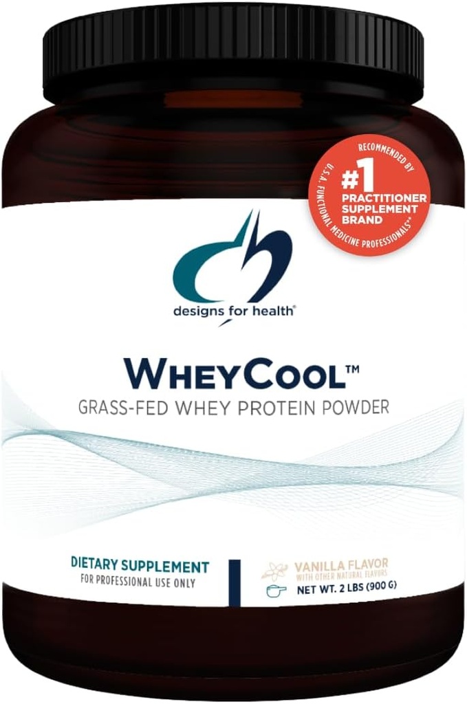 Design til sundhed WheyCool - Græs Fed Whey Protein Powder supplement med 22g Protein, kan støtte atleter, Muskler + energi - Non- GMO + Gluten- Free, Vanilla (30 Servere / 900g)