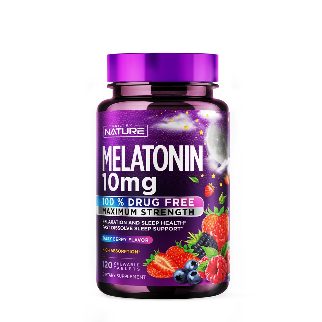 Bygget af Nature Melatonin 10mg Chewables - Max Strength Melatonin - Hurtig Opløs tykkere for voksne - Drug- Free Sleep Aid Supplement - Vegan, Non- GMO, Gluten- Free - Berry Flavor - 120 tyggetabletter