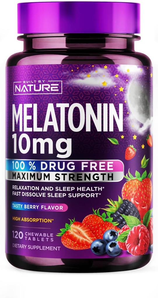 Bygget af Nature Melatonin 10mg Chewables - Max Strength Melatonin - Hurtig Opløs tykkere for voksne - Drug- Free Sleep Aid Supplement - Vegan, Non- GMO, Gluten- Free - Berry Flavor - 120 tyggetabletter