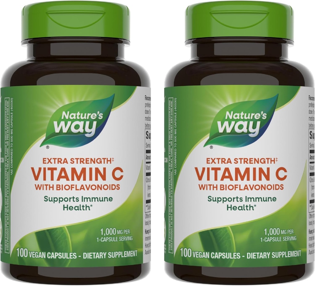 Nature 's Way Vitamin C med Bioflavonoider - Ekstra Styrke - 1 g C-vitamin som Ascorbic Acid - Citrus Bioflavonoider - Til immunforsvar * - Gluten Free & Dairy Free - 100 kapsler (2 Pack)