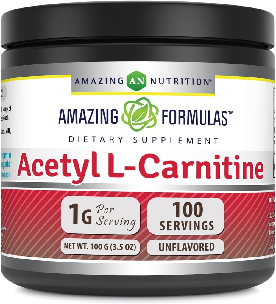 Amazing Formulas Acetyl L- Carnitin 100 Grams (3.5 Oz) Powder Supplements 124; 100 Servering Budd124; Non- GMO Budd124; Gluten Free Budd124; Lavet i USA