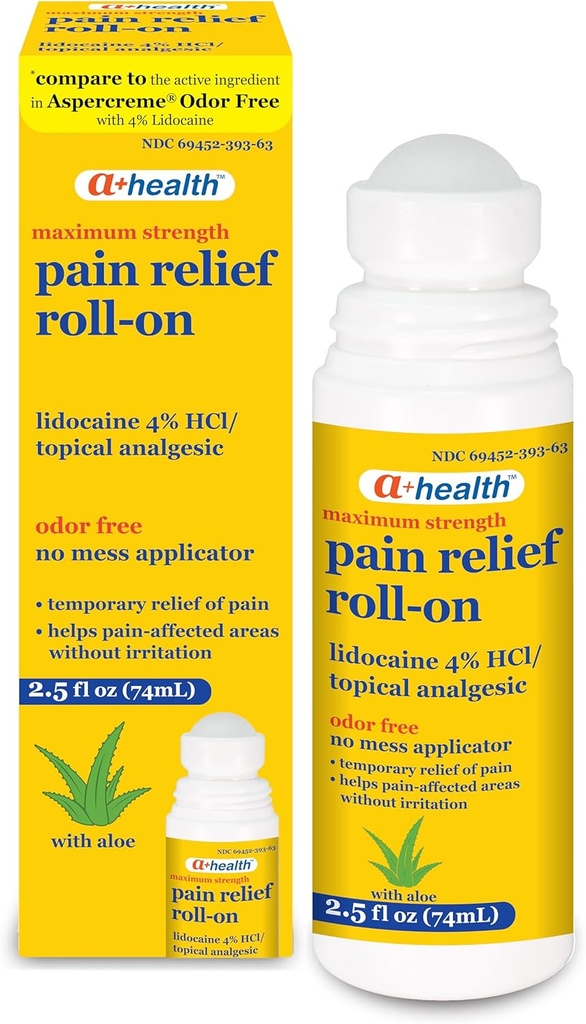A + sundhed smertelindring Roll- On Lidocain 4%, Odor Free, Maksimal styrke smerte + Itch Relief med Aloe, Made in USA, 2,5 fl Ounces