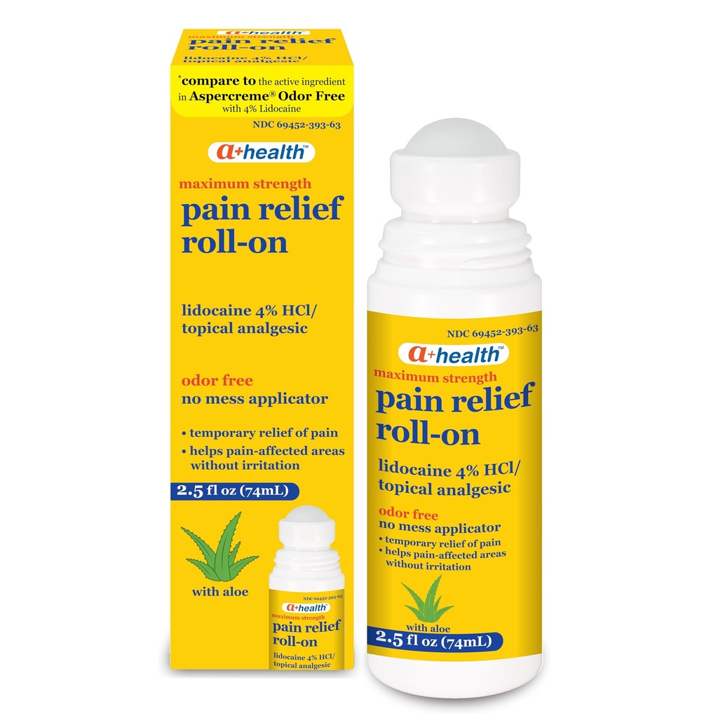 A + sundhed smertelindring Roll- On Lidocain 4%, Odor Free, Maksimal styrke smerte + Itch Relief med Aloe, Made in USA, 2,5 fl Ounces