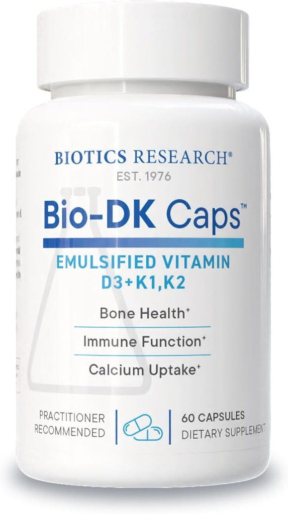 Bioetik Forskning Bio- DK Caps ™ -emulgeret D og K, vitamin D3 125 mcg & vitamin K (k1, k2) 550 mcg- MK7- vitamin D3 K2 K1, stærkere knogler, muskel- og skeletstyrke, sundt hjerte & BMI 60 Caps