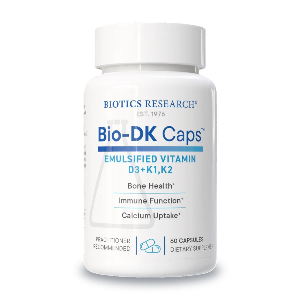 Bioetik Forskning Bio- DK Caps ™ -emulgeret D og K, vitamin D3 125 mcg & vitamin K (k1, k2) 550 mcg- MK7- vitamin D3 K2 K1, stærkere knogler, muskel- og skeletstyrke, sundt hjerte & BMI 60 Caps