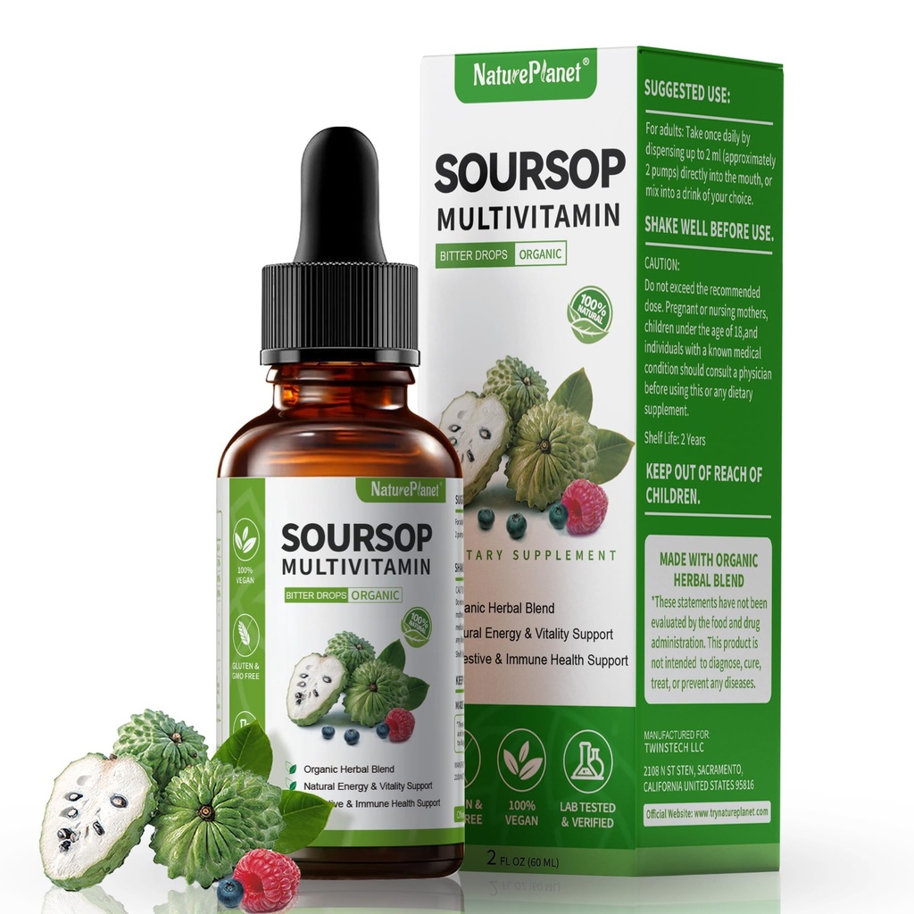 Graviola Soursop Bitters Liquid Drops med C-vitamin, D3, B6, 5000mg Soursop Fruit & Leaf Extract + 10 Bitters Botanicals for immunsupport fordøjelsesmedicin Antioxidant Boost Non- GMO Vegan 2 Fl Oz