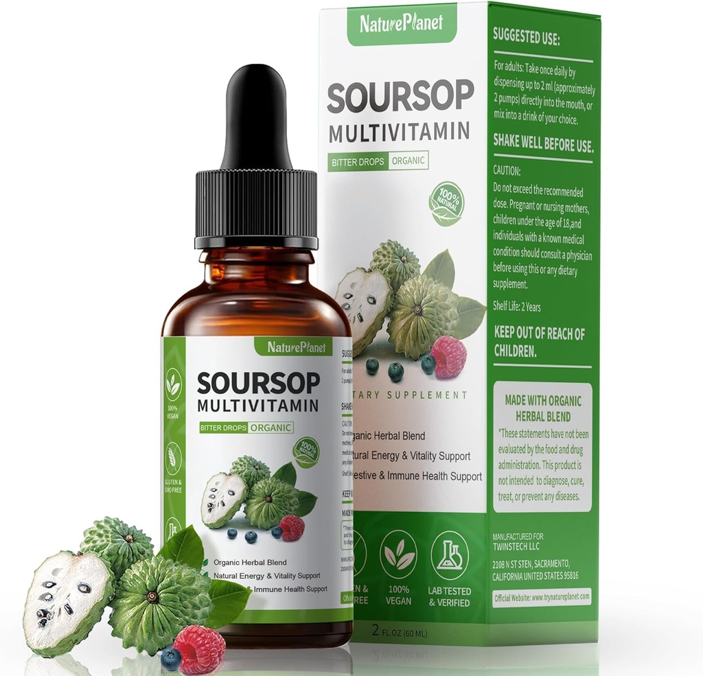 Graviola Soursop Bitters Liquid Drops med C-vitamin, D3, B6, 5000mg Soursop Fruit & Leaf Extract + 10 Bitters Botanicals for immunsupport fordøjelsesmedicin Antioxidant Boost Non- GMO Vegan 2 Fl Oz