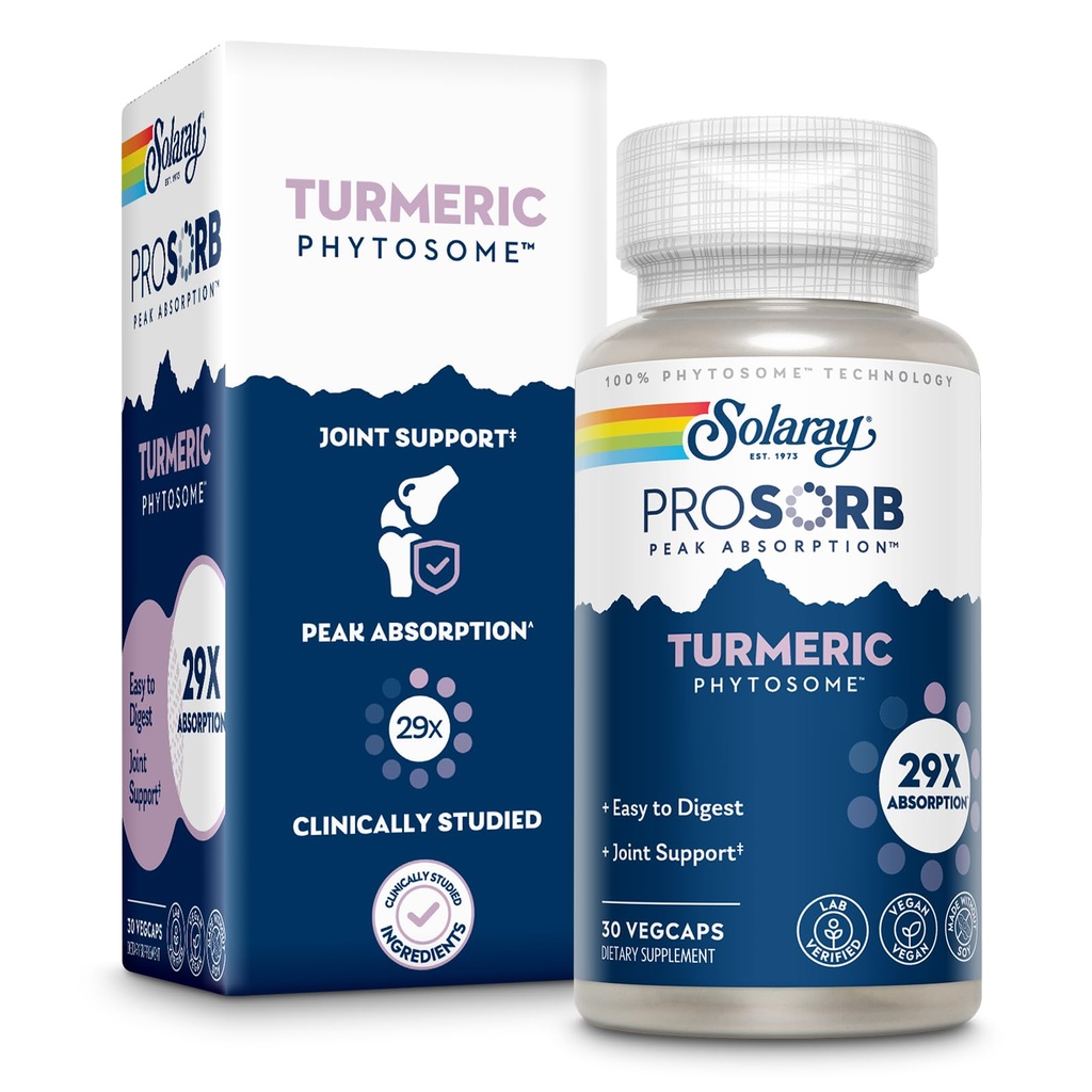 SOLARAY ProSorb Gurkemeje Supplement Phytosome 500 mg - 29X Høj Absorption Gurkemeje supplement til fælles sundhedsstøtte - Easy- to- Digest Curcumin, Vegan, 60- Day Garanti, 30 Serv, 30 VegCaps