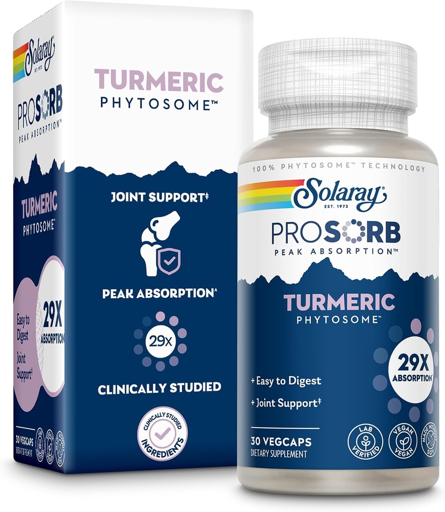 SOLARAY ProSorb Turmeric Supplement Phytosome 500 mg - 29X High Absorption Turmeric Curcumin Supplement for Joint Health Support - Easy-to-Digest Curcumin, Vegan, 60-Day Guarantee, 30 Serv, 30 VegCaps