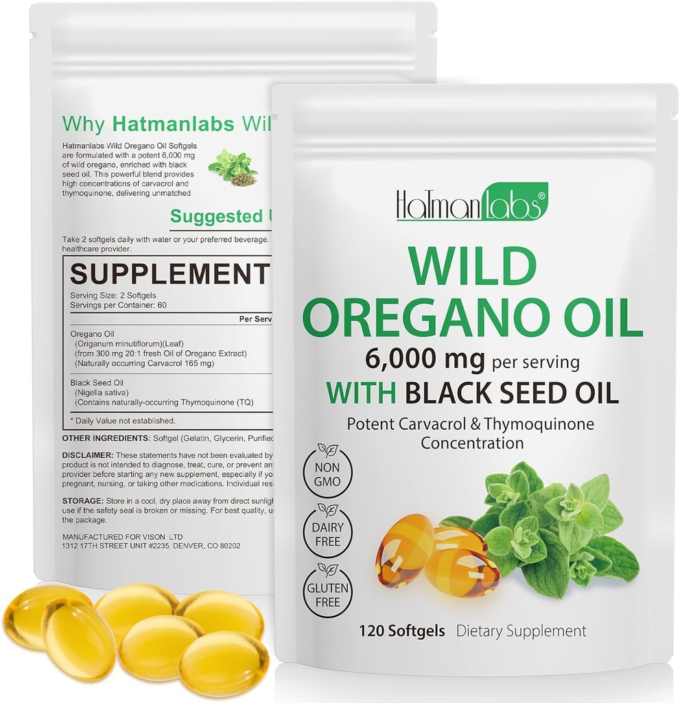 Olie af Oregano Kapsler - Ingredienser Olie af Oregano Softgels - 2 i 1 6000mg Olie af Oregano med Black Seed Oil 200mg - High Carvacrol & Thymoquinone for immunforsvar