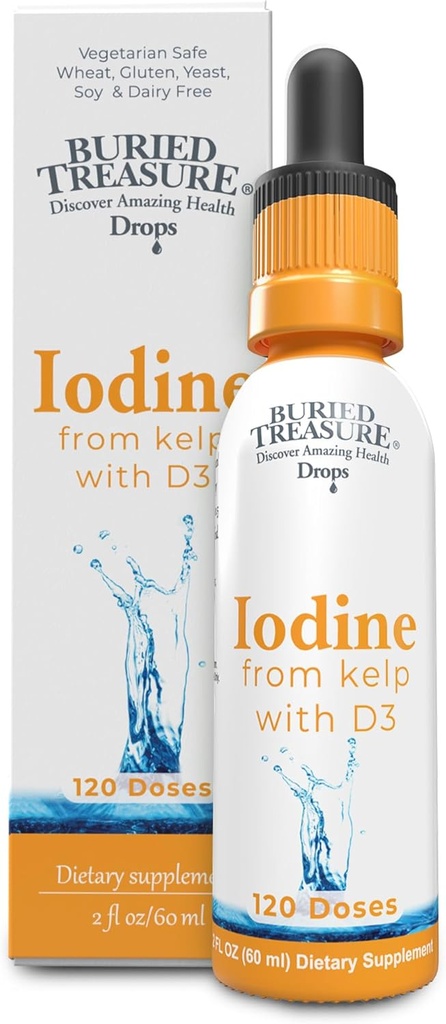 Begravet Treasure Jod Drops fra Kelp - 2% flydende dråber, 120 Servere, 2 fl oz, Natural Thyroid & Immunsupport, Vegan & Non GMO